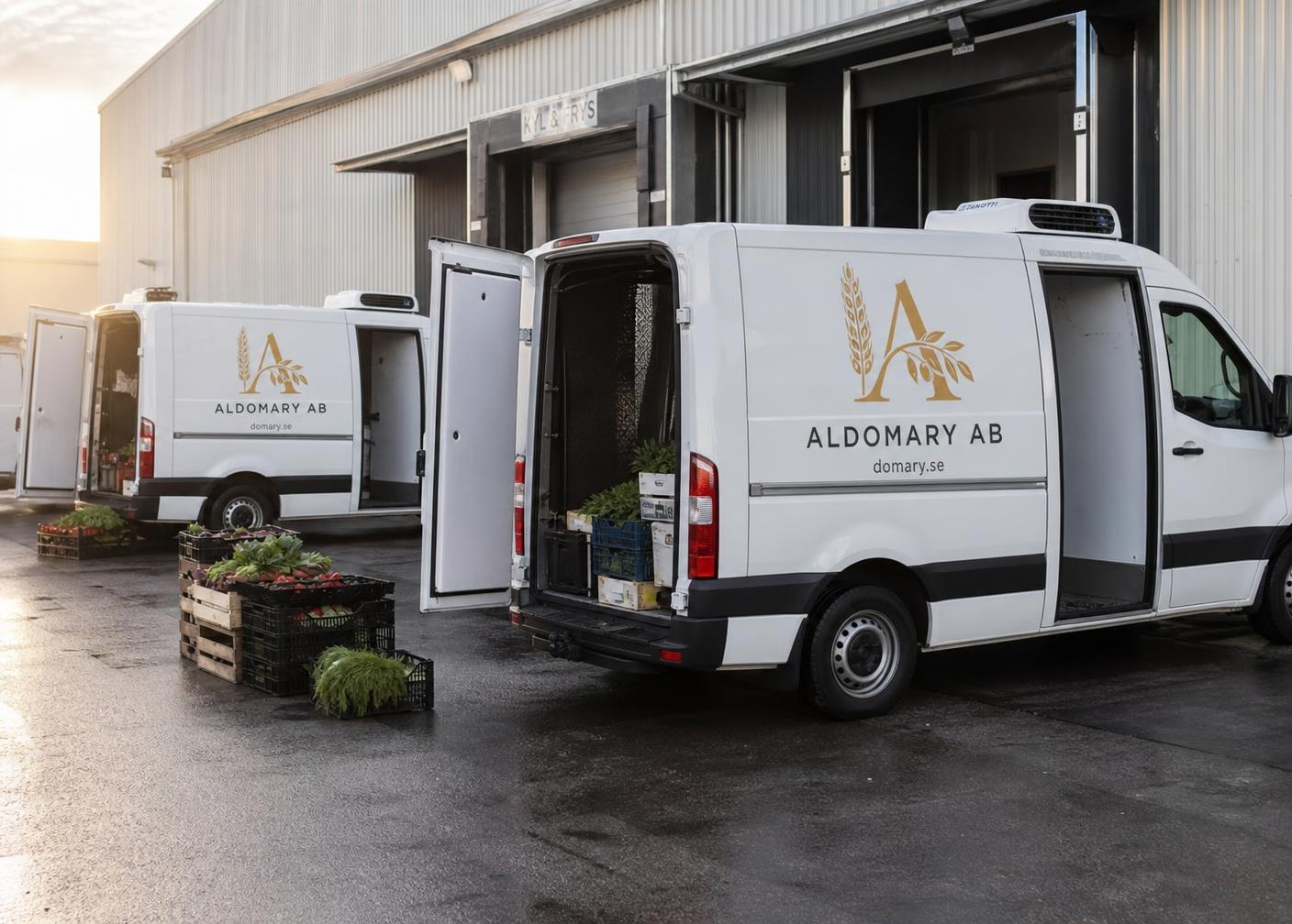 Skåpbil som lastas vid lastkajen i skymningen